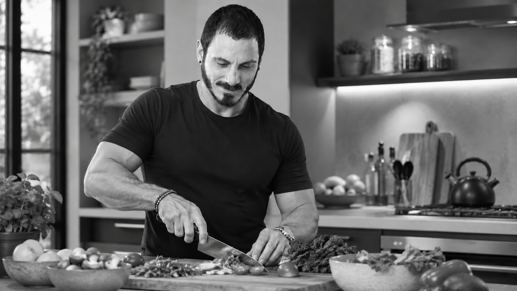 Daniel Healy preparing fresh vegetables in a modern kitchen
