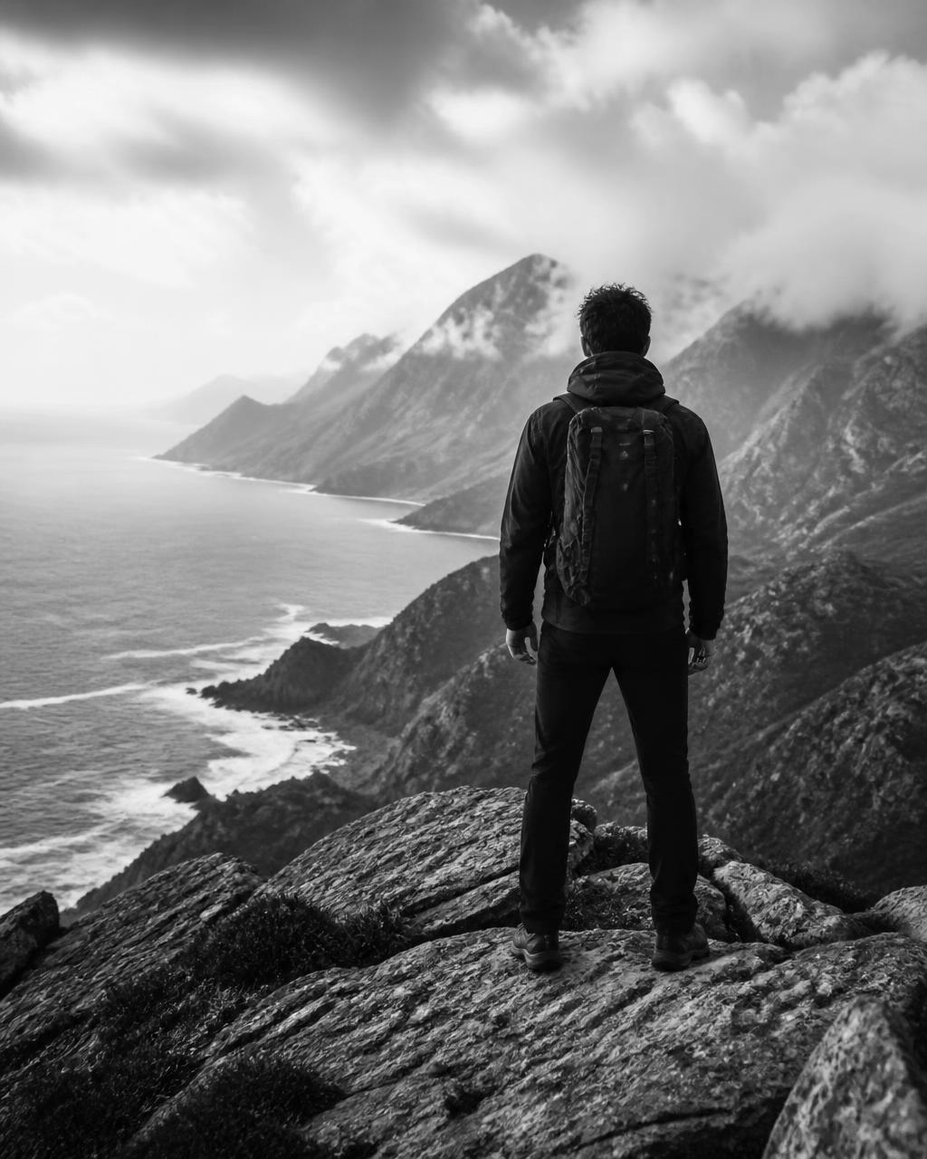 A person overlooking a rugged ocean coastline