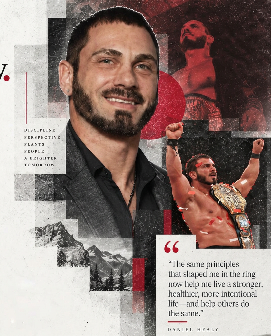 Editorial collage of Daniel Healy, his world championship career, and his commitment to a healthier future